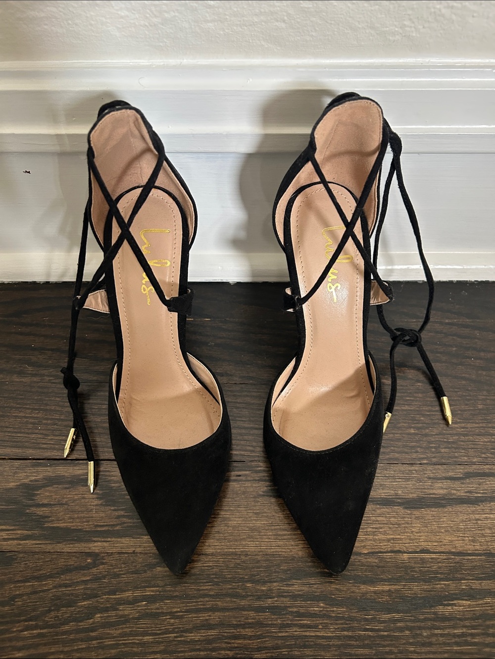 Lulus Black Lace-Up Pointed Toe Heels - Size 6